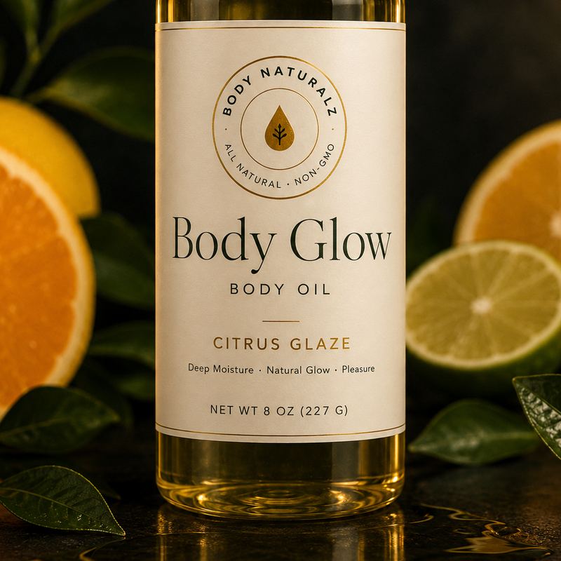 Body Glow body oil, an 8 oz bottle with an ivory label and the Body Naturalz seal, beside cut citrus and green leaves.