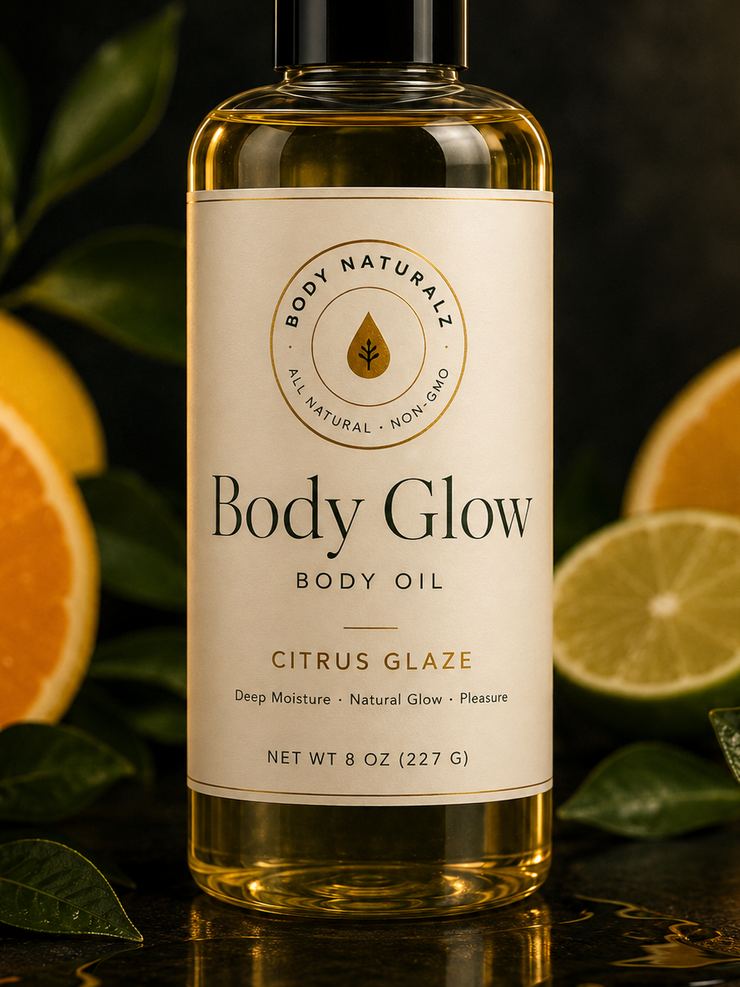 Body Glow body oil, an 8 oz bottle with an ivory label and the Body Naturalz seal, beside cut citrus and green leaves.