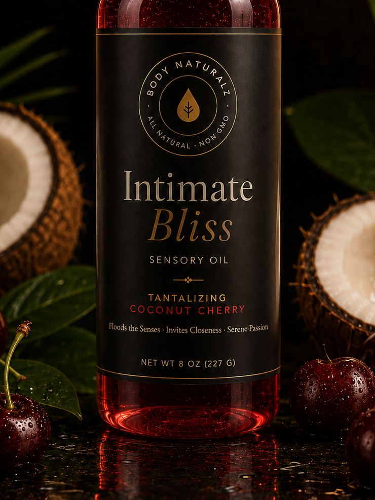 Intimate Bliss intimacy oil, an 8 oz bottle with a black and gold label and the Body Naturalz seal, beside halved coconut and fresh cherries.