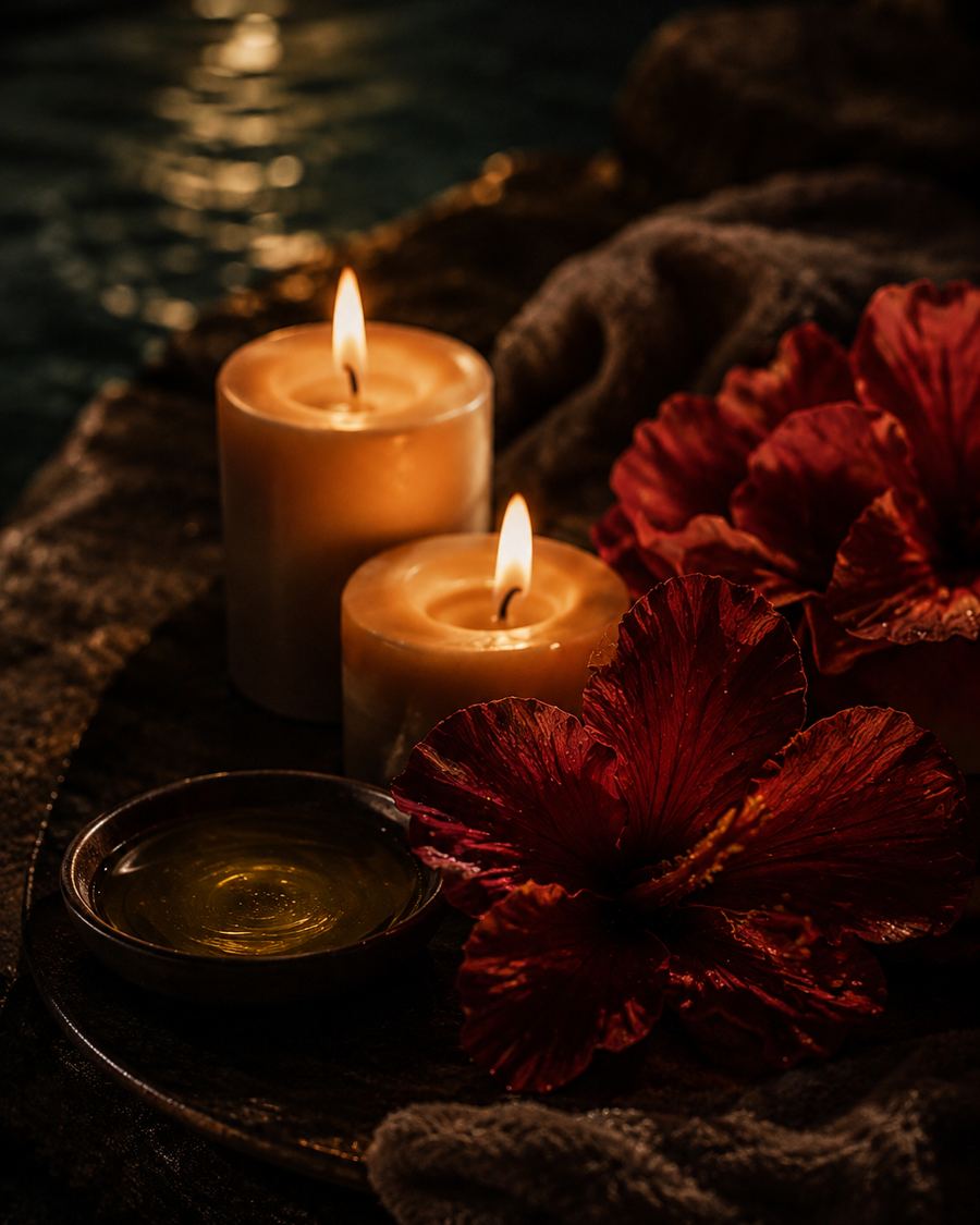 Candlelight on a dish of oil beside deep red hibiscus flowers and soft cloth.