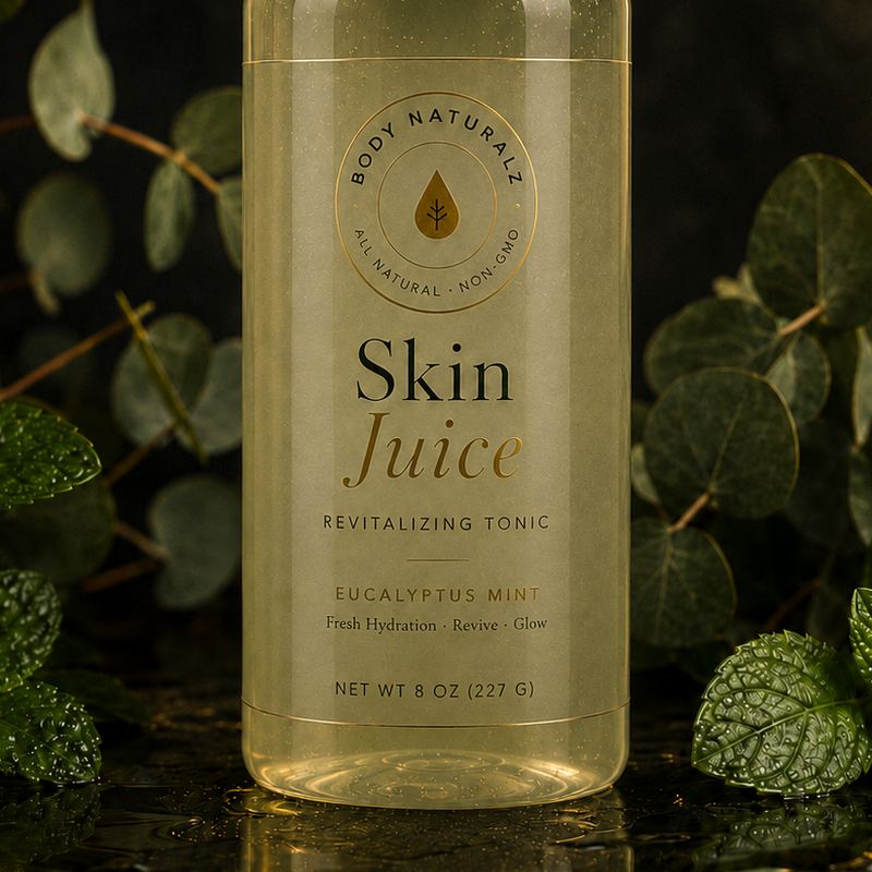 Skin Juice revitalizing tonic, an 8 oz bottle with an ivory label and the Body Naturalz seal, surrounded by eucalyptus and mint leaves.