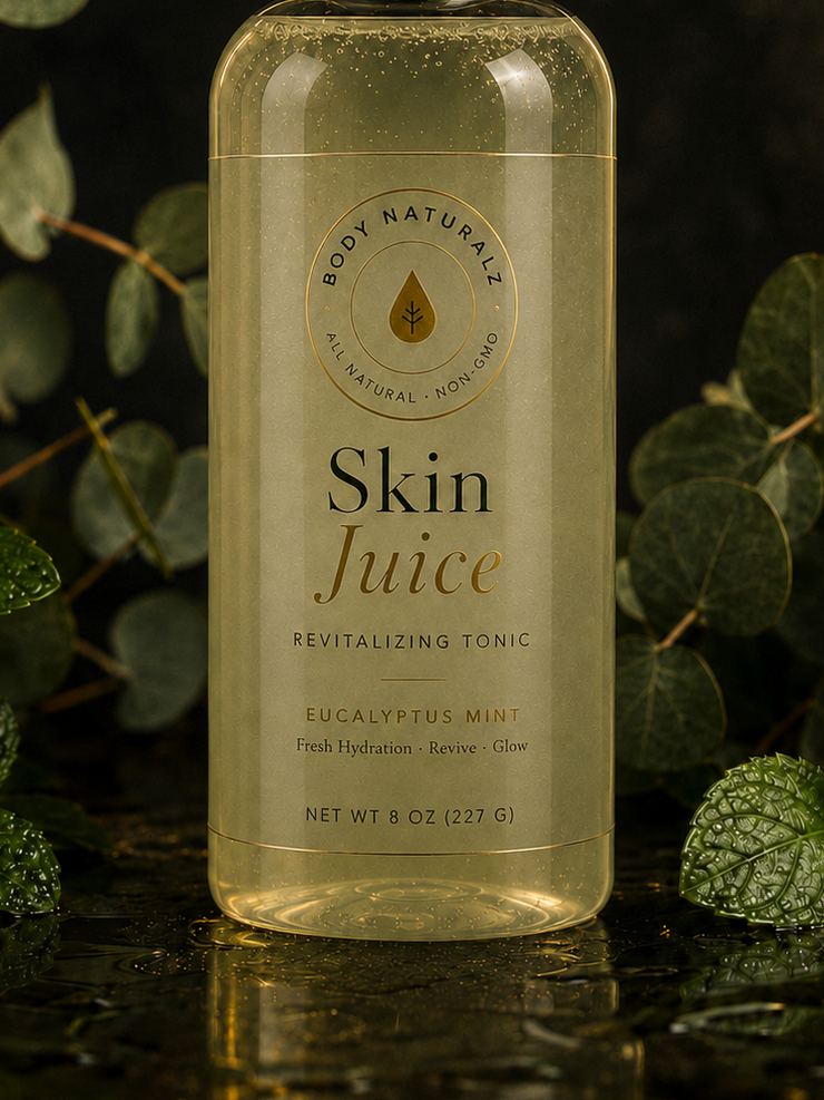 Skin Juice revitalizing tonic, an 8 oz bottle with an ivory label and the Body Naturalz seal, surrounded by eucalyptus and mint leaves.